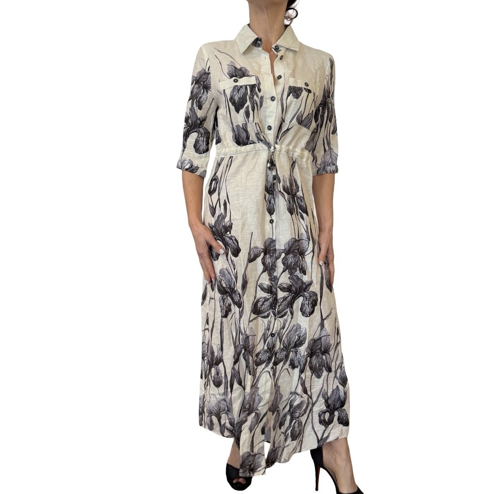 Interdee Paris Linen Iris Floral Midi Maxi Shirt Dress Beige 1/2 Sleeve S NWT